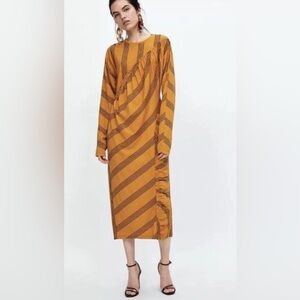 NWT Zara Yellow Black Striped Ruffled Gathered Long Sleeve Midi Dress Medium